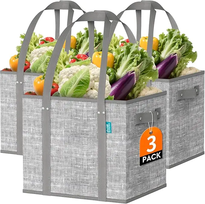 Large Reusable Grocery Totes 3-Pack Foldable Shopping Bags with Reinforced Handles & Hard Bottom Organizer Heavy Duty for Daily Use