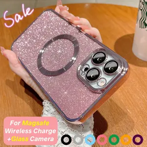 MagSafe Case For iPhone 16 Pro Max 15 14 13 Compatible with Magnetic Charging Bling Glitter Case Plating Bumper with Camera Lens Cover