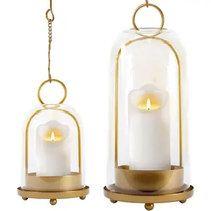 Hurricane Glass Candle Holders, Large & Medium Brass Lanterns Hurricane Candlestick Holder for Pillar Candles ,  Metal Rustic Farmhouse Decor with Hook Chains