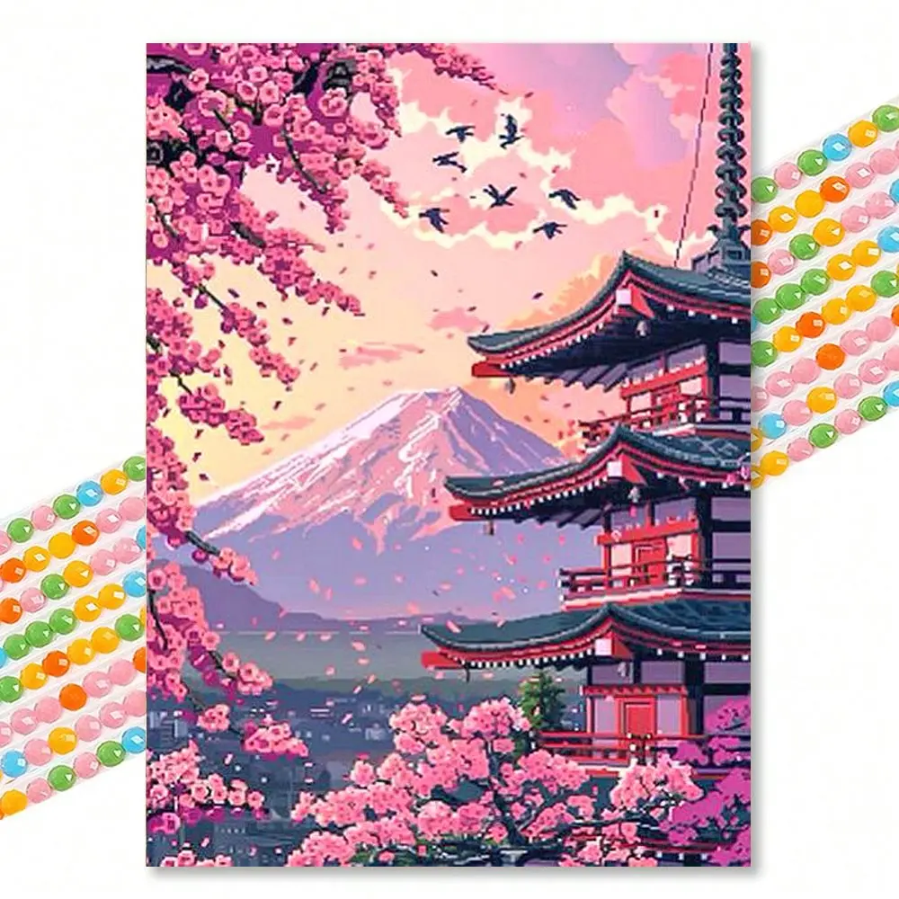 Fuji Mountain Sakura Garden Diamond Painting Kits, Japanese Aesthetic Round Drill Art, Living Room Bedroom Wall Decor Hanging Canvas DIY Craft Kits