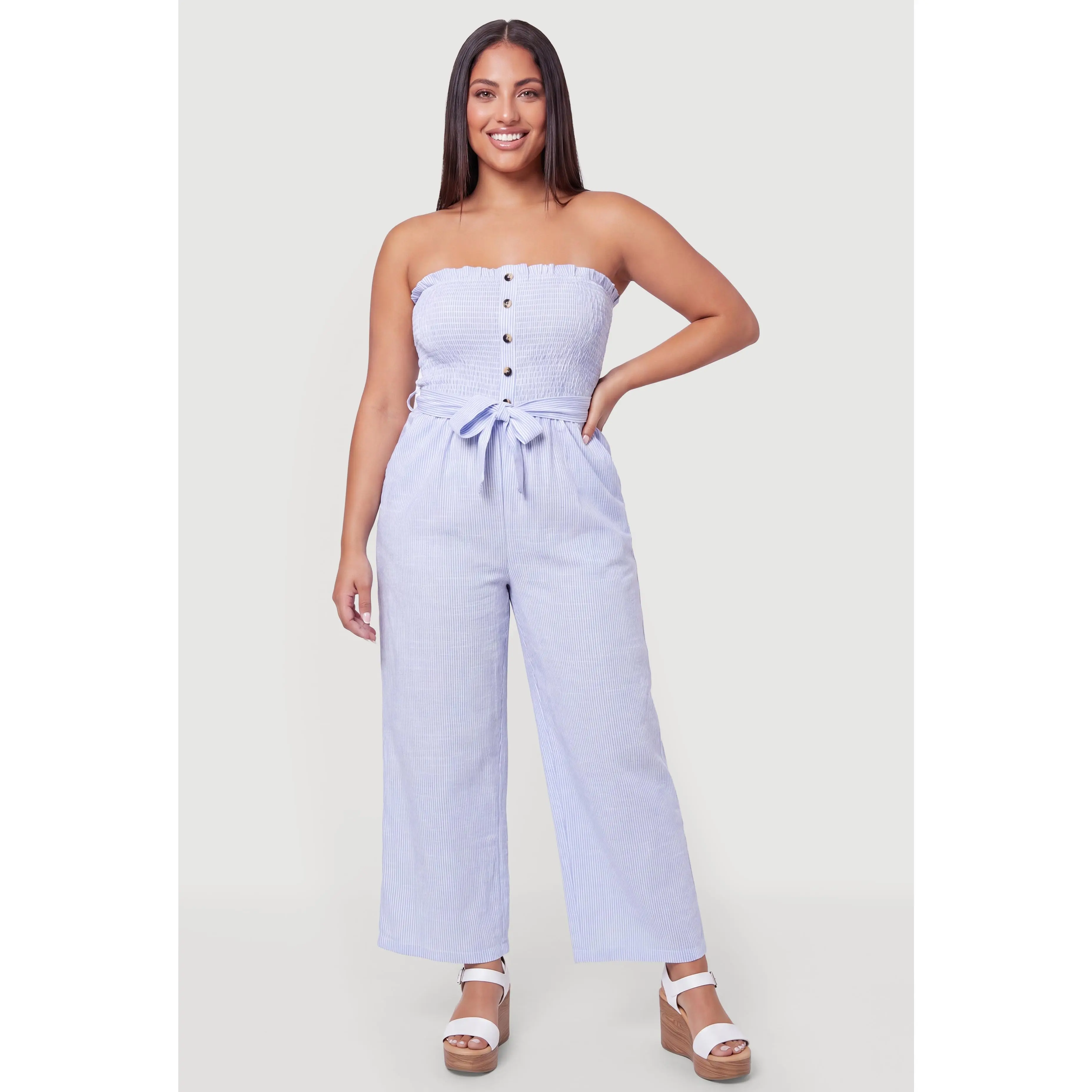 Plus Size Striped Strapless Jumpsuit with Tie Waist Belt