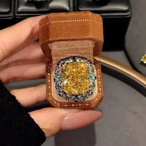 15ct Yellow High Carbon Diamond Ring Radiant Cushion Fancy Cut | Luxury Halo Cocktail Ring with Green Blue Accent Stones | Big Bold Statement Jewelry