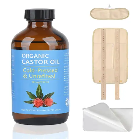 VRJEUGO Certified Organic Cold-Pressed Unrefined Amber Castor Oil (6.0 to 8.9 fl. oz./237ml) - Cosmetic Skin Care Body Oil Kit with Amber Glass Bottle, Leakproof Cloths, Neck & Waist Wraps, Foldable Pack Wrap, Cotton Flannel Cloth for Adults