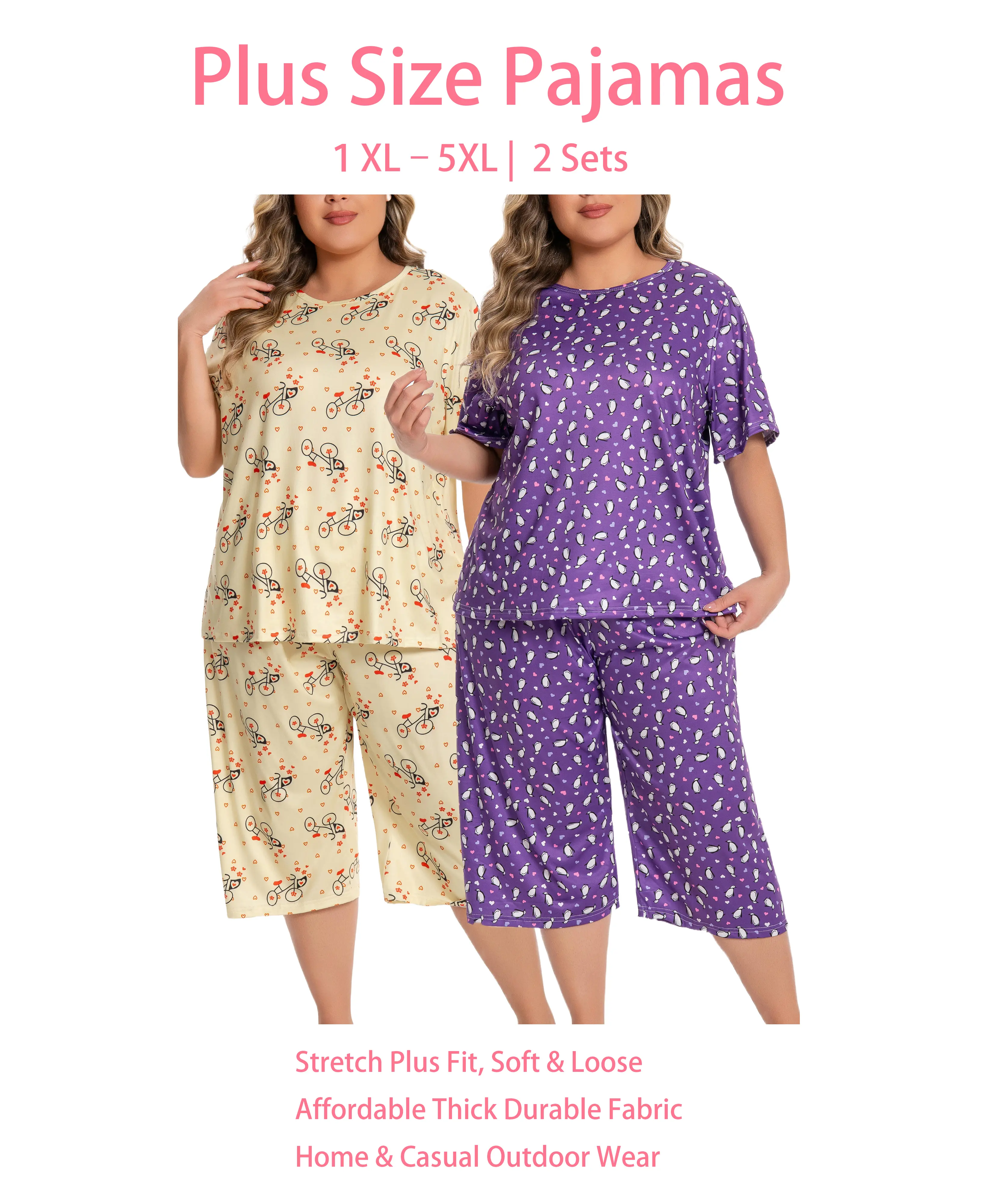 Women's Plus Size 2-Piece Casual Home Outfits - 1XL-5XL, Round Neck Short-Sleeve Knitting Top, Capri Pants, Soft Breathable Loose Loungewear, Bicycle Graphic Nightwear