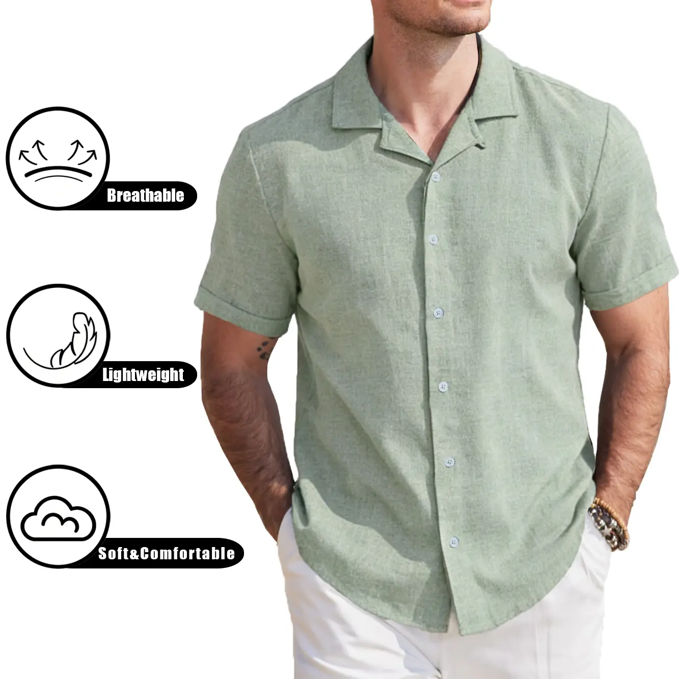 COOFANDY Menswear Men's Short Sleeve Button-Down Shirts - Breathable Linen-Cotton, Classic Plain Tops for Summer Beach Wedding