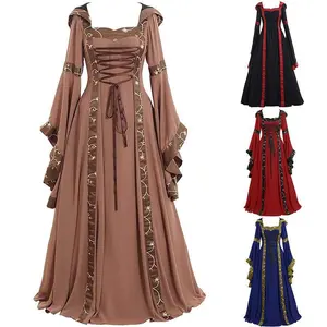 EuropeanandAmericanMedievalRetroHoodedSquareNeckSolidColorThinStrapLaceTrimFlaredSleeveLargeSwingDress