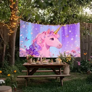 Banner, 1 Pc, Pink Unicorn Background, Size 43.3x70.8 in & 59x82.6 in, Polyester Fabric, Perfect for Birthday Party, Room and Party Decoration, Outdoor Holiday Decor, 2D Decorative Flag