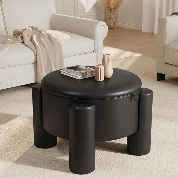 [Summergarden] Vabches 24-Inch Round Storage Ottoman with Removable Leather Top, Wood Seat Frame, Modern Upholstered Footstool with Storage, Multi-Functional Coffee Table for Living Room, Small Apartment