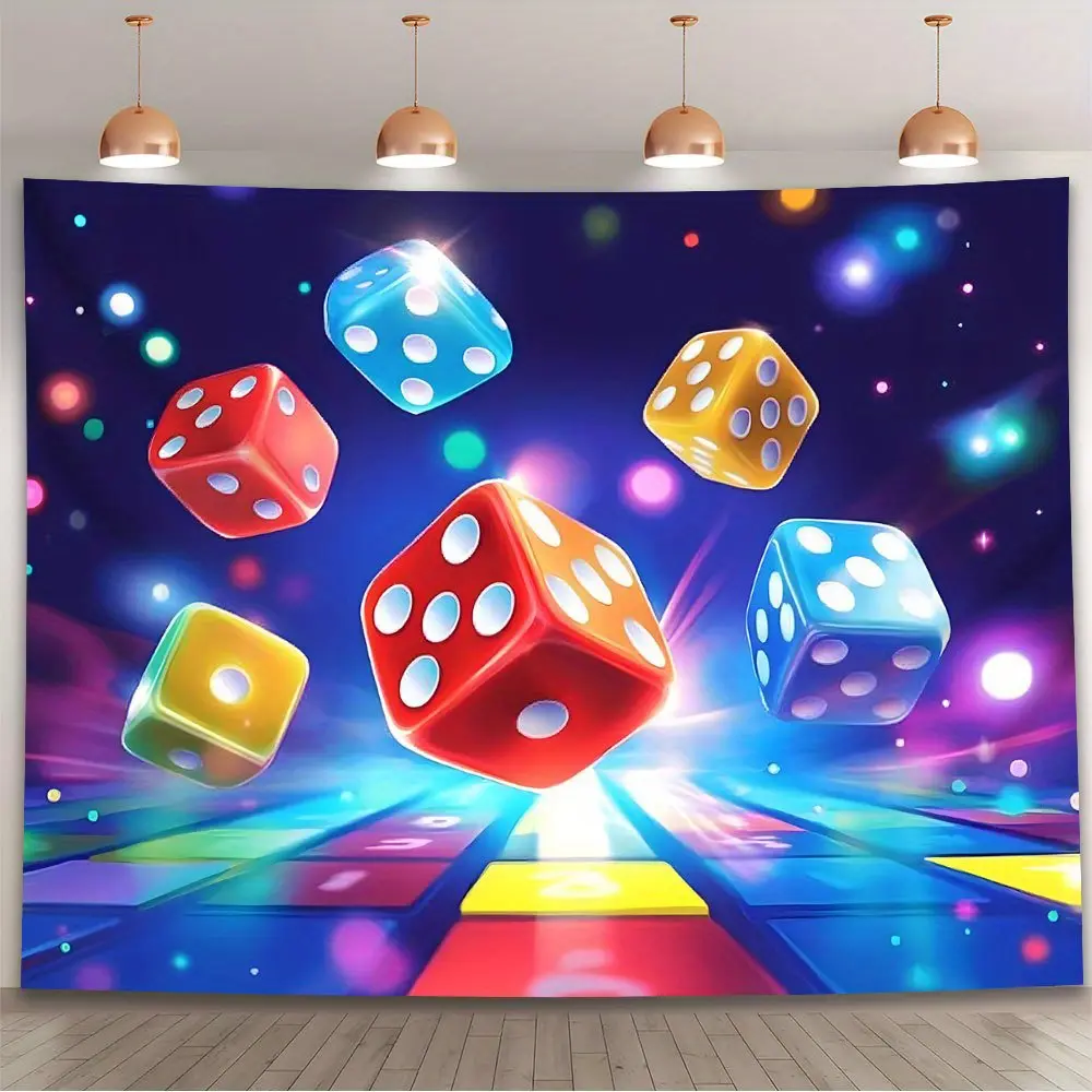 1PC Vibrant Dice & Board Game Backdrop Banner - Colorful Design with Sparkling Lights & Starry Night, Durable Polyester, Easy to Hang & No Electricity Needed, Ideal for Gaming Parties/Birthdays/Home Decor Hanging