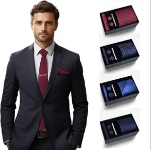 Men’s Tie Set with Pocket Square, Cufflinks & Tie Clip, 4 Styles Silk Necktie Gift Box for Business, Wedding & Formal Events, Father's Day Gift
