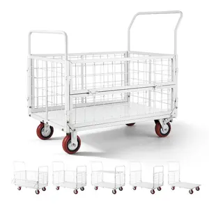 VEVOR Platform Truck Cart with Cage, 2000 lbs Capacity, 6-in-1 Foldable Flatbed Cart with Swivel Wheels, Heavy Duty Hand Truck, Multi-Functional Push Dolly, for Grocery Laundry, 44.5x 26.6x 42.1 in
