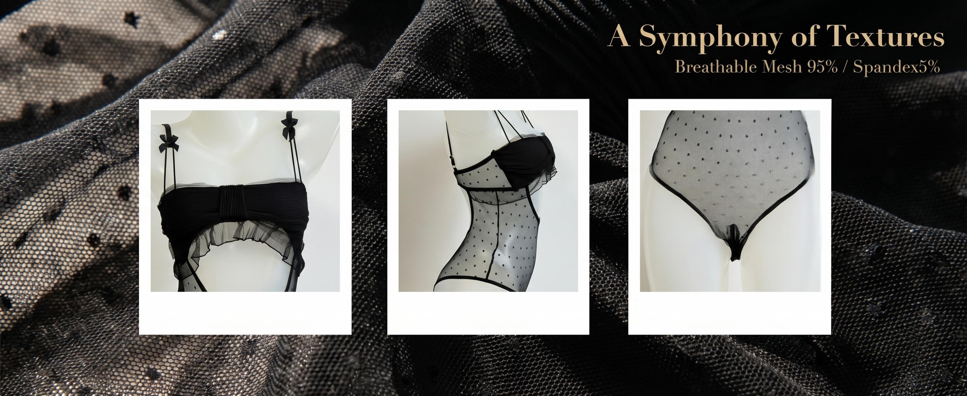 SILIX Chic Black Polka Dot Mesh Teddy Lingerie | Coquette Aesthetic Cut-out Bodysuit with Ruffle Trim & Bow Straps | French Style Sexy One-Piece Exotic Nightwear