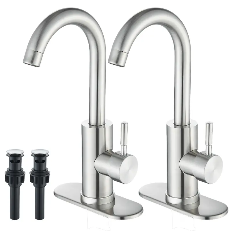 2 PCS Modern Single-Handle Centerset Bathroom Sink Faucets - 360° Swivel Curved Spout, 4-in Centerset, Stainless Steel, Faucet Extension, Deck Plate, Drain Included, Hot/Cold Industrial Taps, Matte Black/Brushed Nickel 2 Colors, Hot/Cold Tap