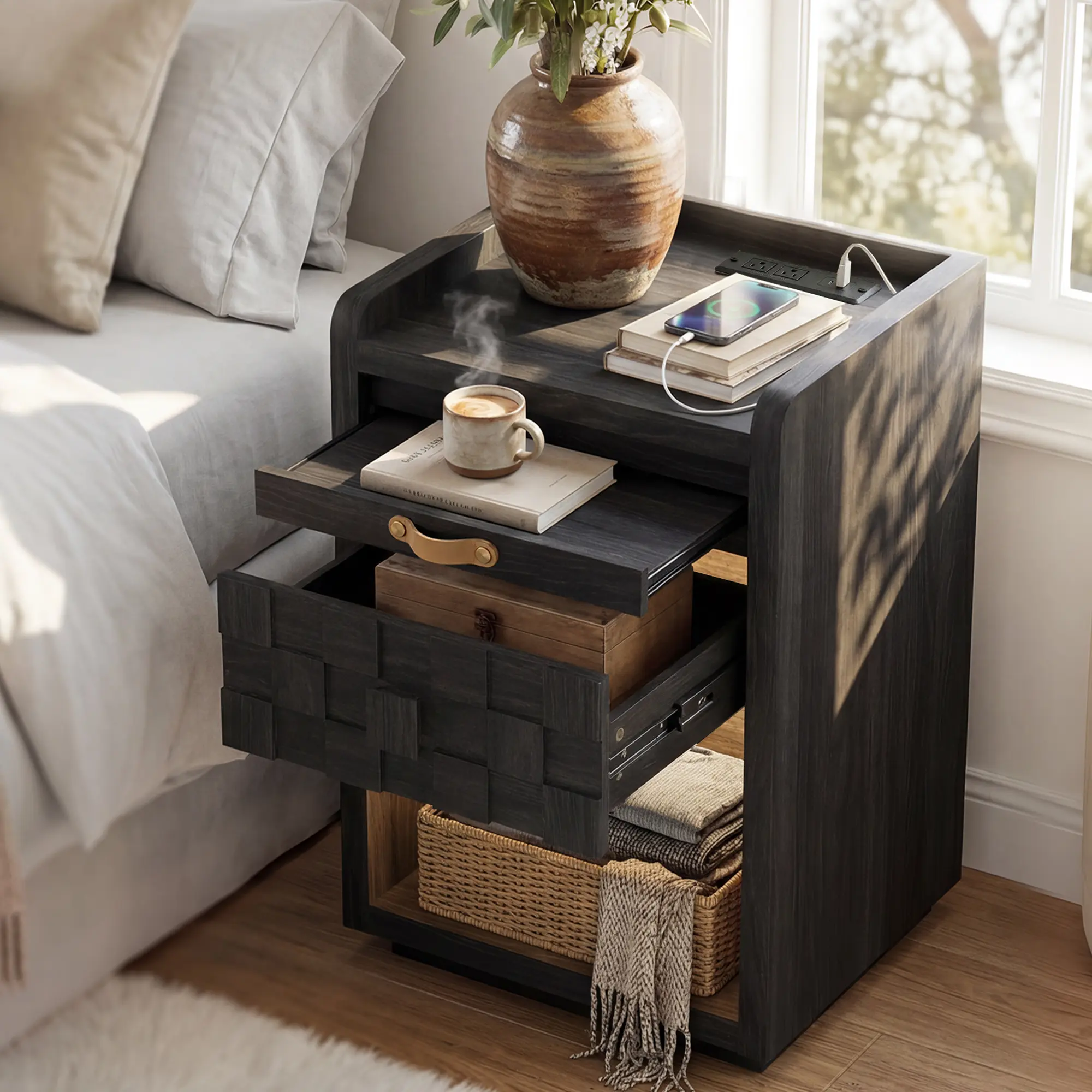Night Stand with Charging Station & Led Lights, Wooden Bedside Side Table with Drawers, Modern End Table with Pull-Out Tray & Open Storage for Bedroom, Living Room