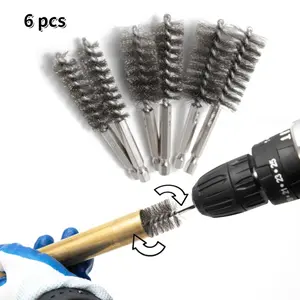6PCS Copper Pipe Cleaners, Pipe Cleaning Brush Set, Stainless Steel Wire Hole Brush for Electric Drill, 1/2 3/4 1 Pipe Cleaning Brush Set 1/4 Inch Hex Handle
