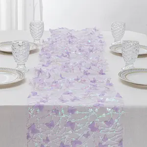 3D Butterfly Sheer Sequin Table Runner with Iridescent Sequins, Romantic Table Decor for Indoor Outdoor Home Party, Weddings, Bridal Showers, and Spring Events