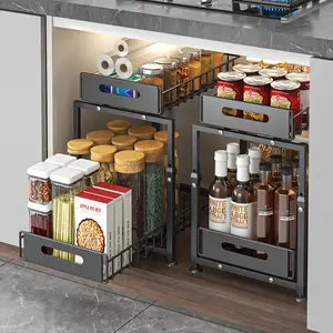 Under Sink Storage Rack 2 Tier Pull Out Height Adjustable Thick Metal Slider Kitchen Cabinet Bathroom Shelving Black White