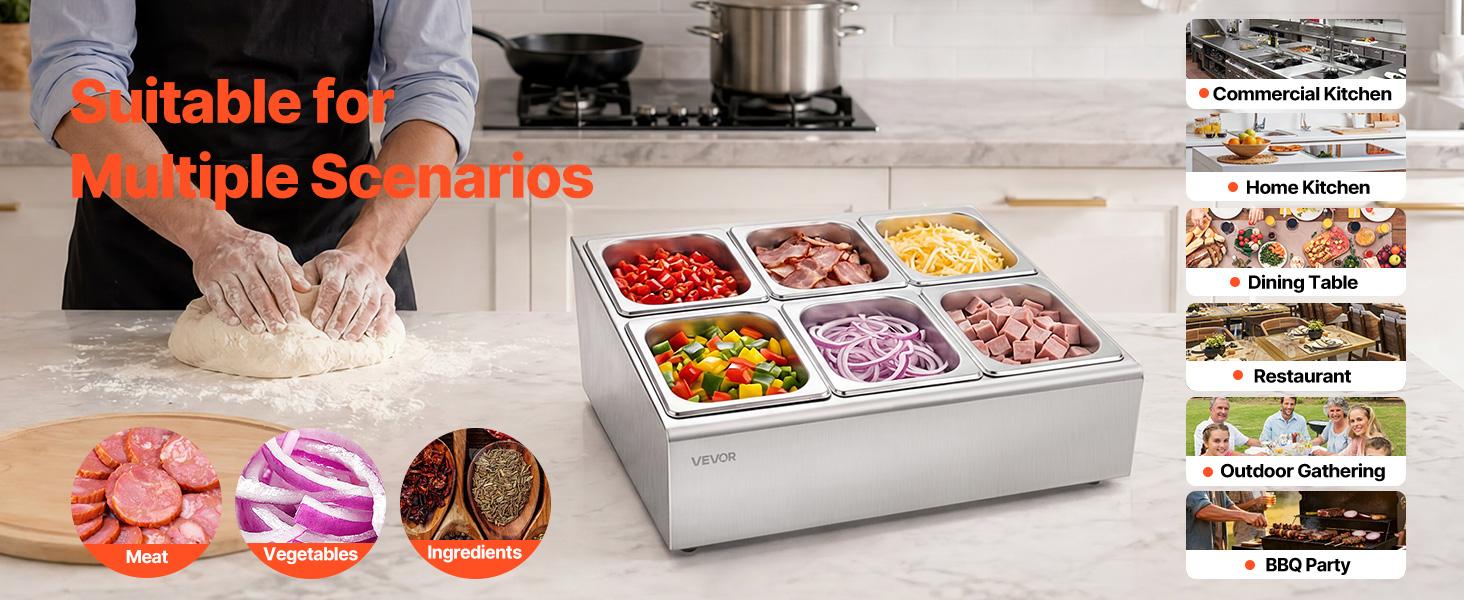 VEVOR Countertop Food Serving Display Container, Stainless Steel Food Salad Server Tray, Buffet Condiment Dispenser, Ice Cooled Rack with Separate Lid, for Restaurant Hotel Kitchen Party (6x1/6 Pan)