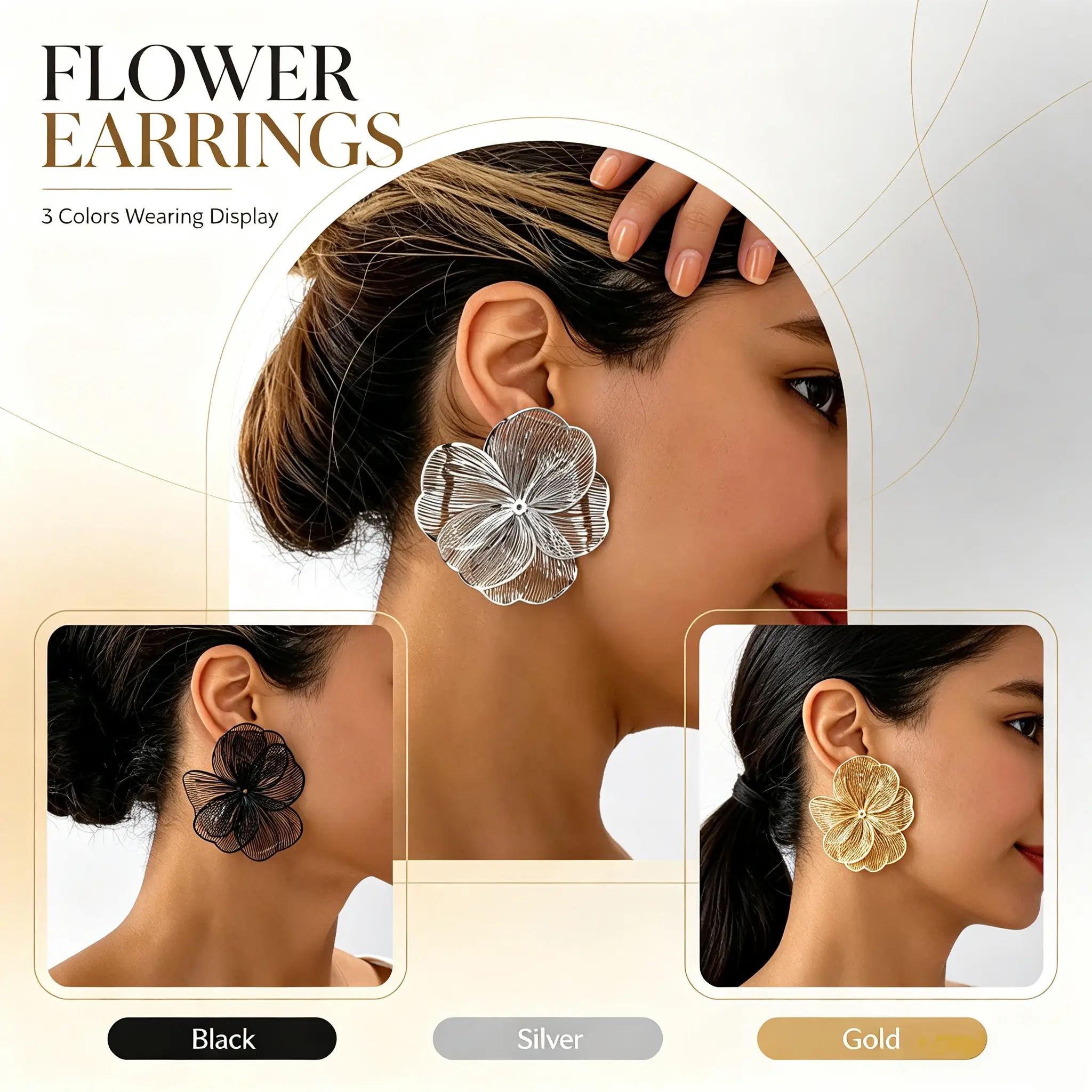 Women's 3-Pair Christmas Hollow-Out Large Flower Statement Earrings, Multi-Color (Orange, Purple, Pink, Gold, Silver, Black) Floral Jewelry, Festive Xmas Party Favor Gift Accessories for Holiday Gatherings