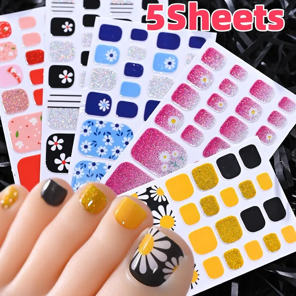 5Sheets Yellow Daisy Toenail Sticker 110Tips Full Cover Baking Free Toe Nail Wraps Elegant Flower Self-Adhesive Toe Polish Strip