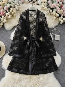Women's Plus Size Sheer Black Lace Robe, Long Sleeve Open Front Kimono with Satin Trim, Belted Lingerie Sleepwear for Honeymoon