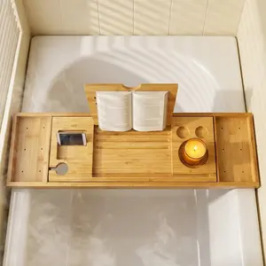 Luxury Bamboo Bathtub Caddy Tray - Expandable Bath Table with Wine Glass Holder & Book Reading Rack - Spa Aesthetic Bathroom Decor