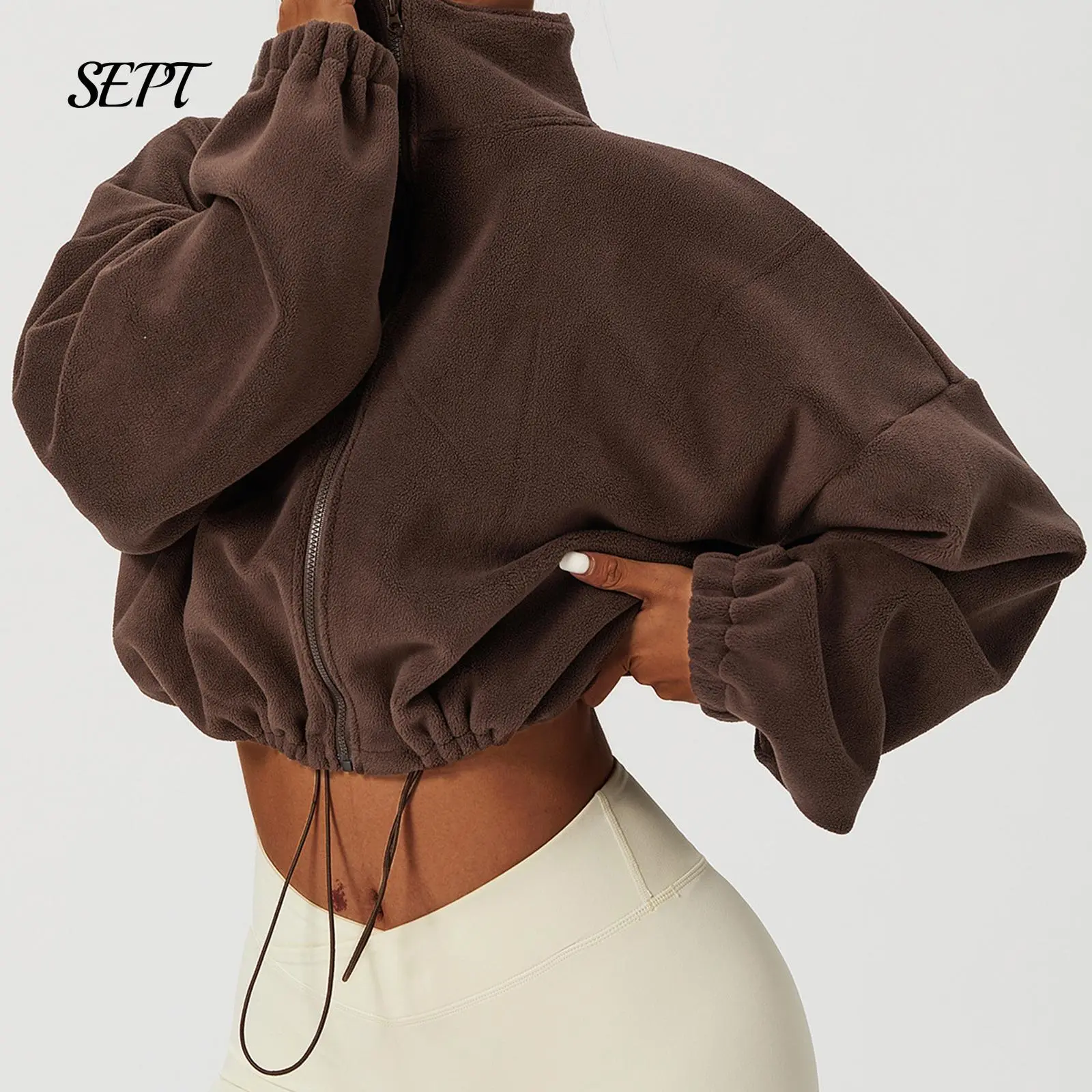 Women’s Full Zip Polar Fleece Short Jacket Long Sleeve Stand Collar Sherpa Crop Coat Warm Winter Outfits