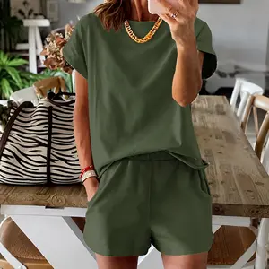 Women's Summer Short Sleeve Plain Set Outfit, Slim-Fit Natural Waist Design Shorts & Tops, Perfect for Casual Wear