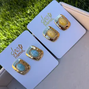 Shop Minimal Gold-Tone Square Stud Earrings with Colorful Gemstones for Women's Fashion Accessories