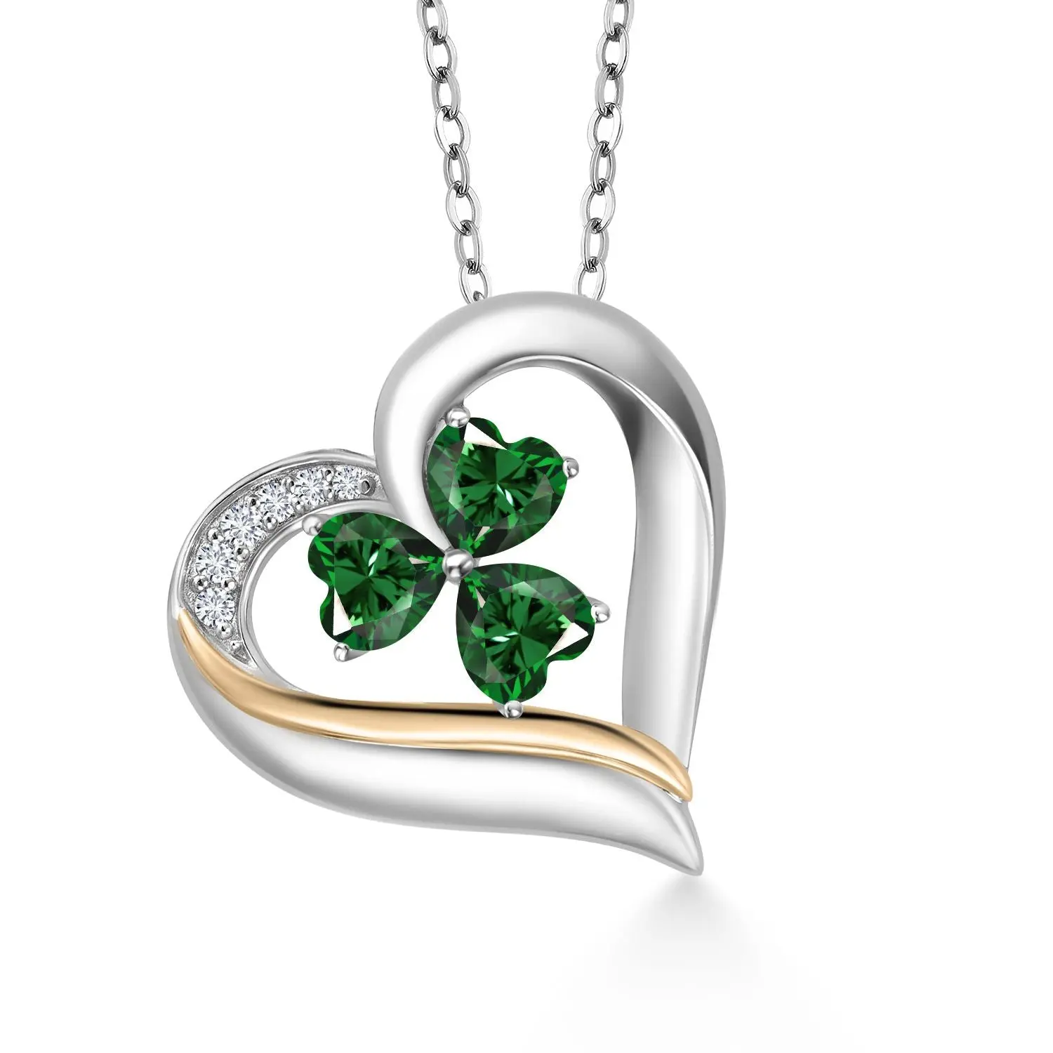 925 Sterling Silver and 10k Yellow Gold Green Nano Emerald and White Lab Grown Diamond 3-Stone Pendant Necklace For Women (1.54 Cttw, Heart Shape 5MM, 18 Inch Chain)