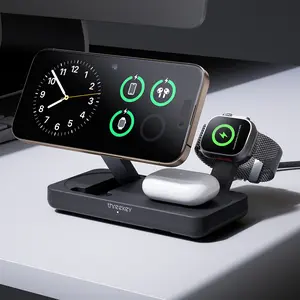 THREEKEY 3 in 1 iPhone 17 Charging Station,MagSafe Charger Compatible, Qi2 25W MFi Certified Wireless Charger Stand for iPhone 17-12, Smart Watch, AirPods, Pixel 10 Pro XL(45W Adapter Included)