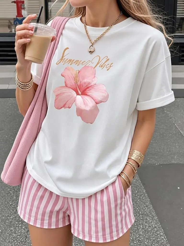 Women's Tropical Graphic T-Shirt, Elegant Cotton Shortsleeve Top for Summer Vacation Outfits with Skirts and Bottoms, Fabric, Floral, Tshirt