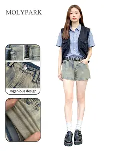 Women's Elastic Comfortable Denim Shorts, Mid-Waist Slim Fit Design, Star Belt Detailing, Vintage Cement Blue Color, Summer Streetwear Style
