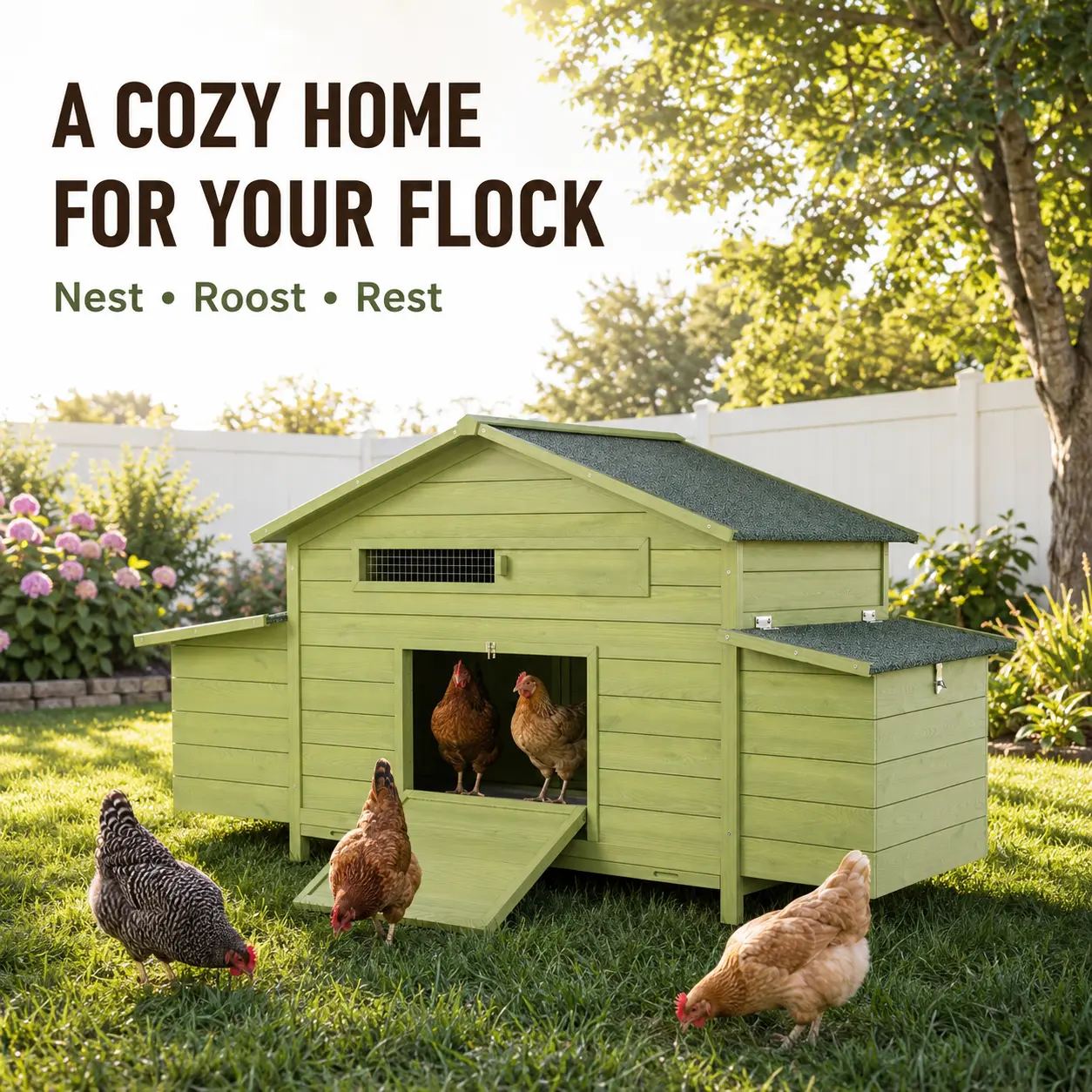 Wooden Backyard Chicken Coop - Waterproof, Predator-Proof Poultry Cage with Dual Access Doors, Adjustable Windows, Comfortable Roosting Perch, Vent Holes for Easy Daily Maintenance