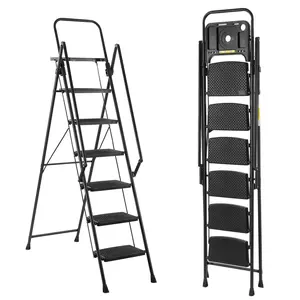 6 Step Ladder for 12 Feet High Ceiling, Folding Step Stool with Handgrip & Anti-Slip Wide Pedal, Portable Lightweight Aluminum Stepladder for Kitchen, Home (300 lbs Capacity) - Black