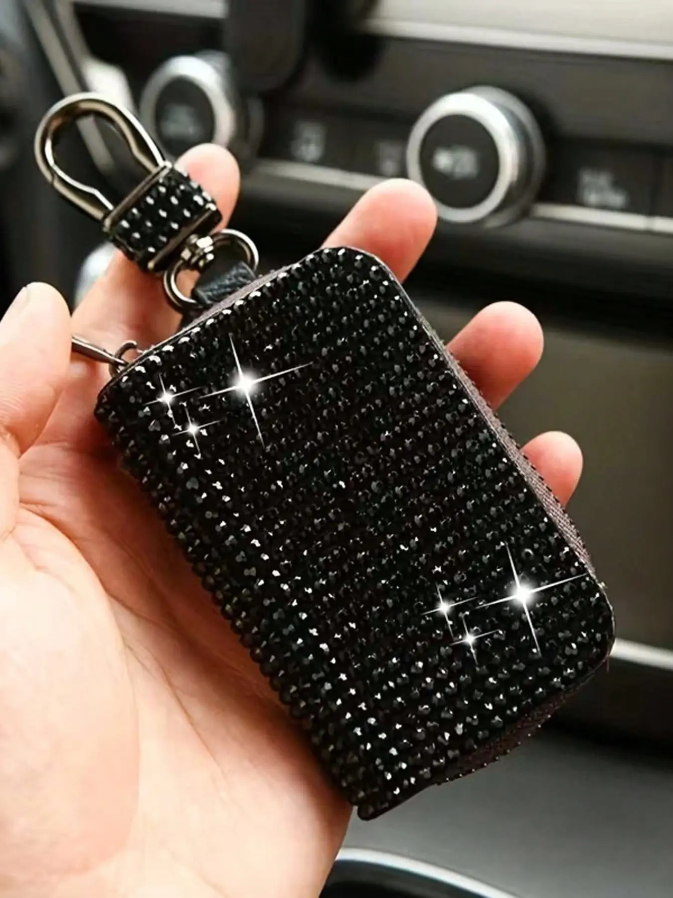 Diamond Car Key Case, Fashionable Small Portable Car Key Protector, Elegant Crystal Zipper Key Holder with Durable Metal Hook, Car Key Cover, Key Covers for Car Keys, Key Fob Protector