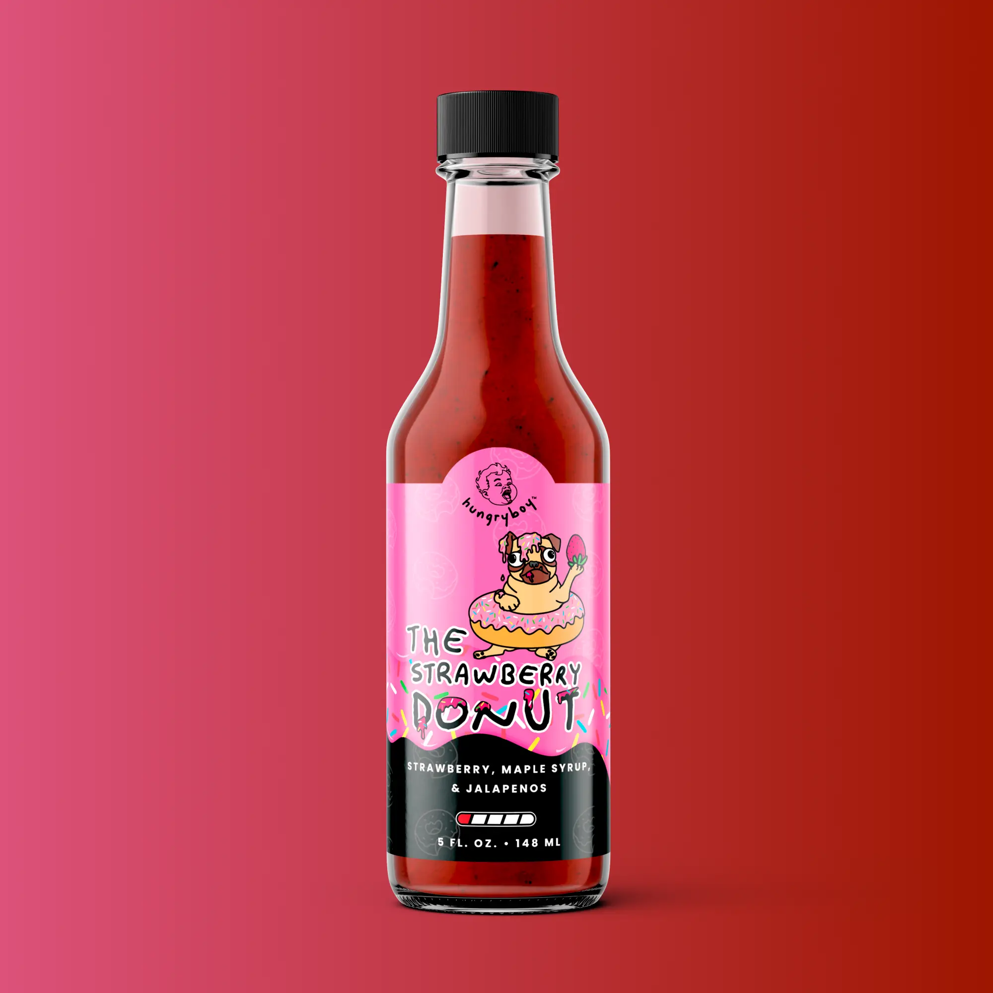 The Strawberry Donut Hot Sauce - Stawberry, Maple Syrup and Jalapeno flavor in 5.5 oz bottle.
