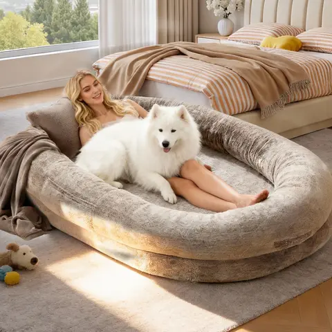 Orthopedic Shaped Dog Bed - 68''x35''x14'' Contemporary All-Seasons Faux Fur Lounger, Detachable Pillow+Blanket Set, Durable Washable Easy-Care Indoor Sofa, Alleviates Pressure Points for Dogs Over 80lbs, Deep Sleep Support