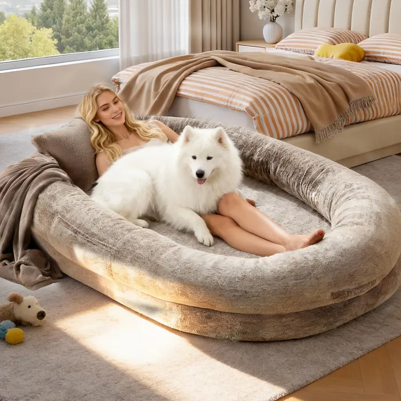 Orthopedic Shaped Dog Bed - 68''x35''x14'' Contemporary All-Seasons Faux Fur Lounger, Detachable Pillow+Blanket Set, Durable Washable Easy-Care Indoor Sofa, Alleviates Pressure Points for Dogs Over 80lbs, Deep Sleep Support