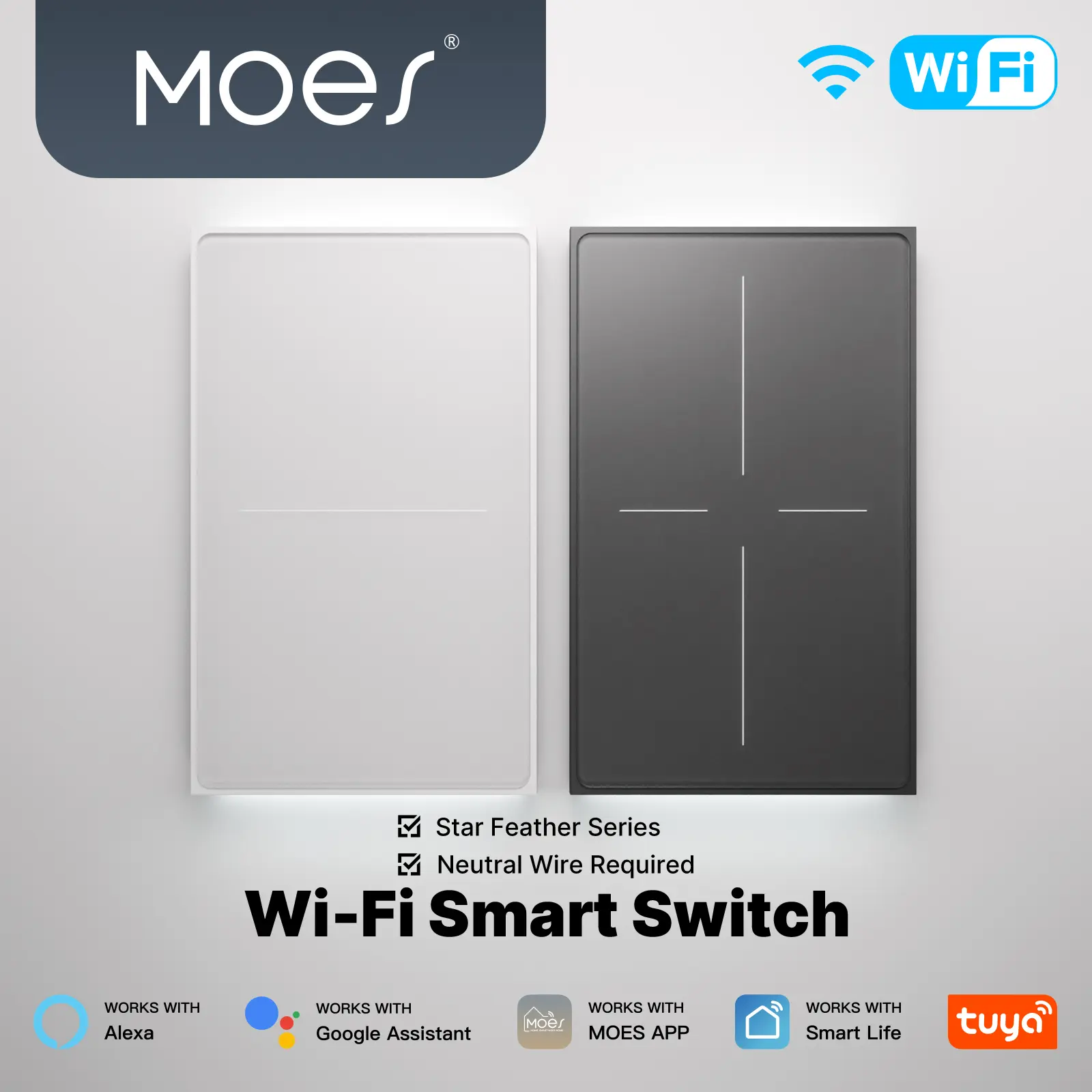 MOES SF Series US 1/2/3/4 Gang Wi-Fi Smart Wall Switch, Voice Control — Alexa & Google Assistant, Set Automatic On/Off Schedules, Easy Installation, Available in White and Gray.