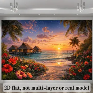 Tropical Beach Sunset Polyester Backdrop Banner - 2D Summervibes Design with Thatched Roof Water Cottage, Palm Trees, Sandy Beach, Ocean Waves - Durable Indoor-Outdoor Wall Decoration for Home, Birthday Party