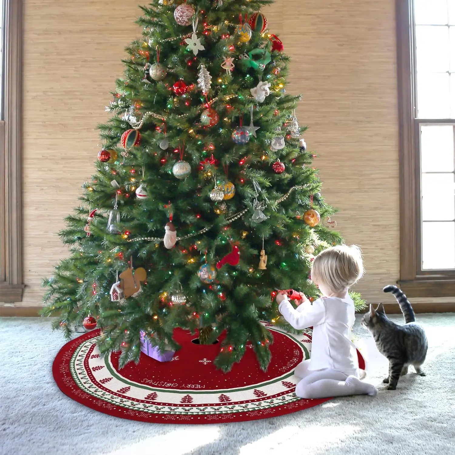 Christmas Tree Skirt 36Inches Red Knitted Tree Skirt Thick Rustic Knit Xmas Tree Mat with Snowflake Vintage Tree Skirts for Xmas New Year Holiday Home Farmhouse Indoor Decor(36 Inches)