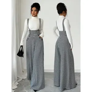 Women's Knitted Plaid Houndstooth Print Backless Loose High Waist Wide Leg Long Pants Fashionable Casual Commuter Trousers With Pockets
