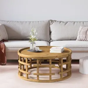PieDle Farmhouse Round Coffee Table, French Country Sofa Tables,Rustic Soild Wood Finish with Openwork Pattern and Curved Frame Base, Boho Handcrafted Wooden Coffee Table for Living Room, Natural