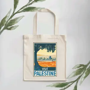 Visit Palestine Tote Bag with Cartoon Print Design, Ideal for Travel and Everyday Use