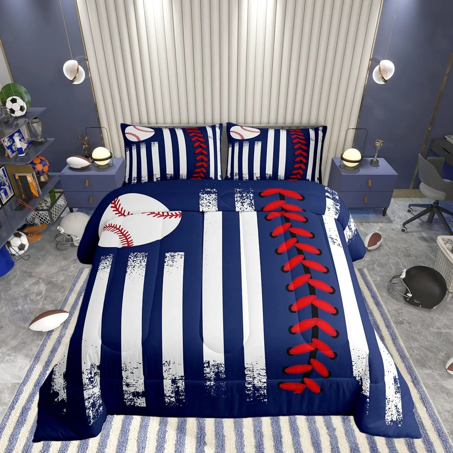 Kids Baseball Comforter Set,Navy Blue Red Bedding Set Bedroom Decor,Softball Ball Sports Games Down Comforter