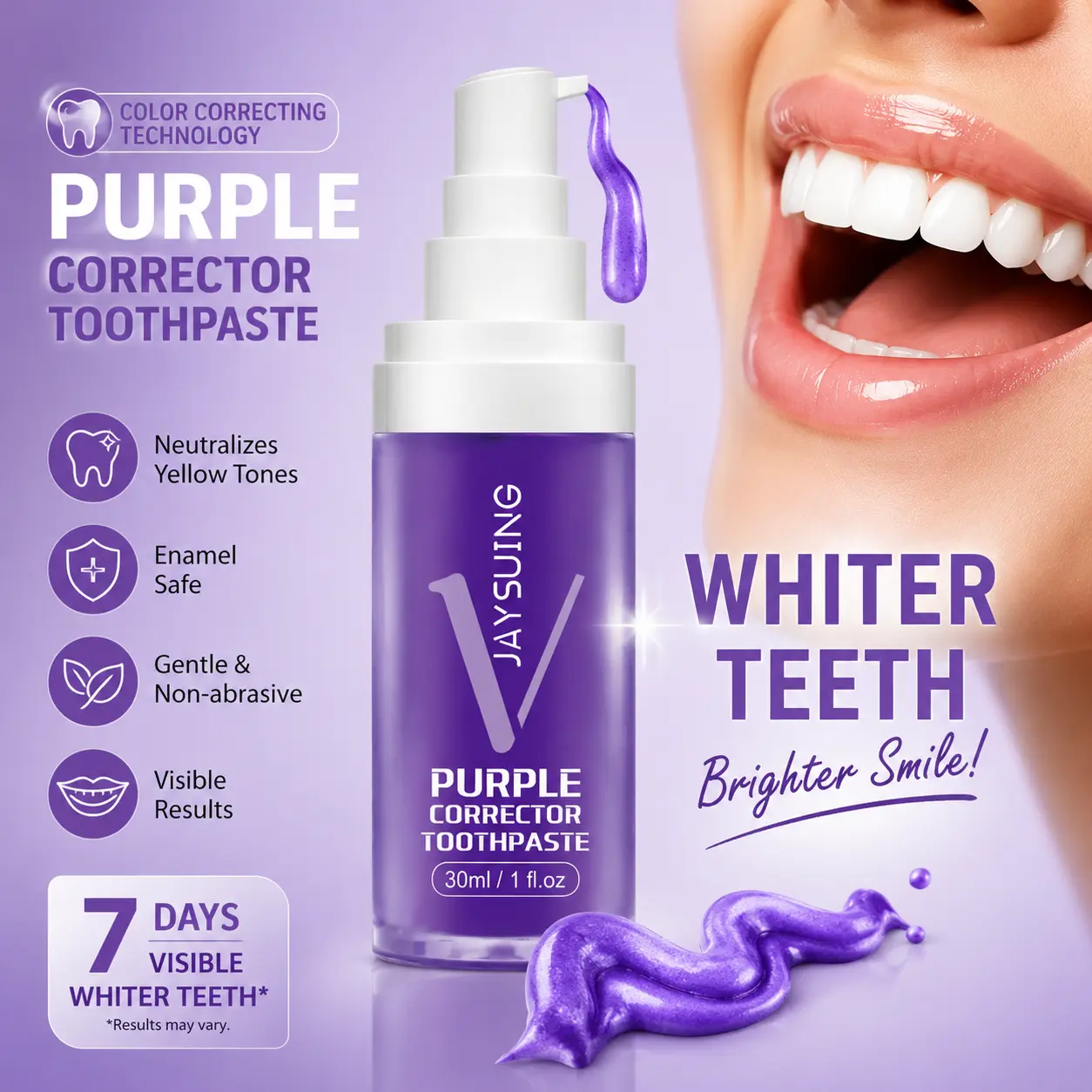 Purple Brightening White Toothpaste, Cleaning Stains Fresh Breath Brightening And Whitening Teeth Toothpaste Brush Oral Correction Cleanser Cleansing probiotic formula