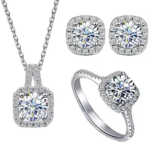 Jewelry Set Necklace for Women, Silver/Gold Plated Adjustable Dainty Cubic Zirconia Trendy Choker Pendant Necklace+Earrings+Ring Jewelry Set for Women