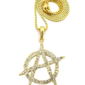 BA UNIQUE FASHION Anarchy Symbol Pendant Necklace 14K Gold Plated with Crystal Accents Box Cuban Rope Chain 20" & 24" Lengths