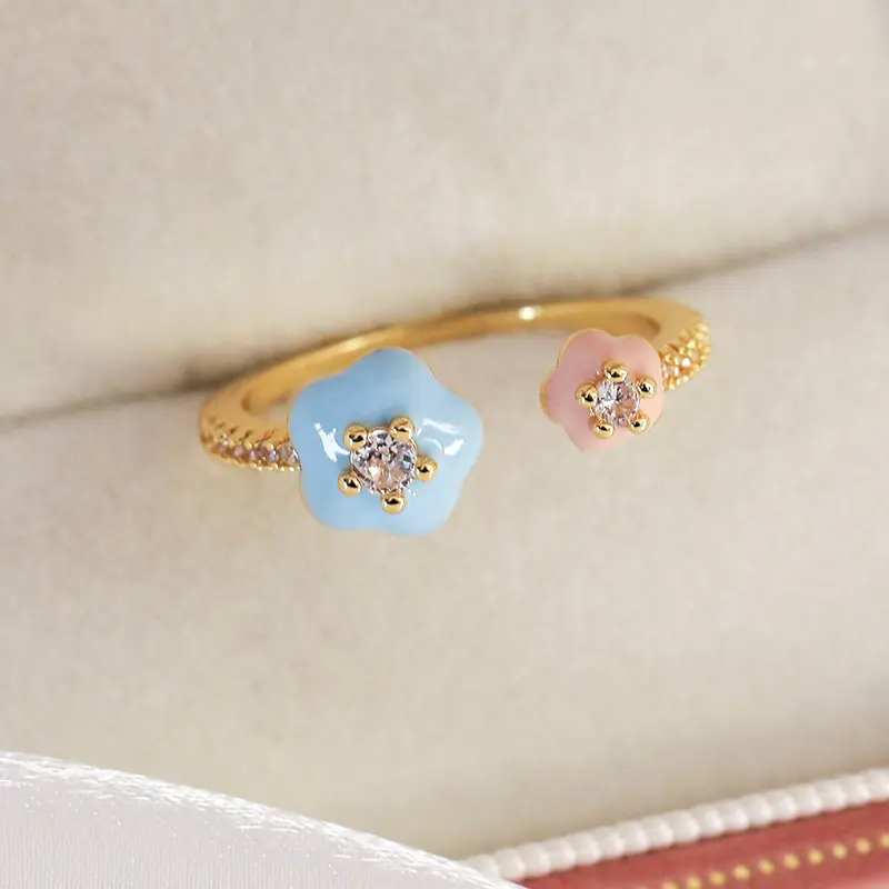 24959A Pink Blue Flower (Gold Base)